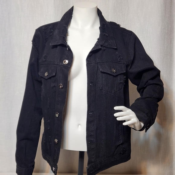 Ci Sono Black Distressed Frayed Rugged Denim Jacket Black Large - Picture 1 of 9